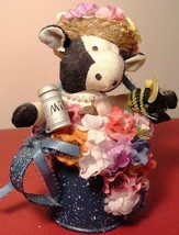 Collectible Cute Staffed Animal Cow Figurine With Flowers In A Water Can - £3.19 GBP