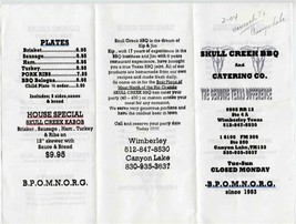 Skull Creek BBQ Menu Wimberley &amp; Canton Creek Texas 2004  - $17.82