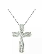 1.2CT Baguette & Round Simulated 14K White Gold Plated Cross Pendant w/18" Chain - £136.24 GBP