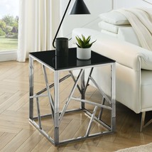 20 Inch Modern Glass End Chrome Accent Table with Geometric Metal Frame - £128.82 GBP