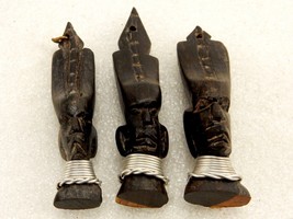 Set of 3 Hand Carved African Tribal Pendants, Dark Mahogany, Wire Collars - $29.35