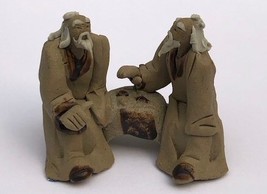 Ceramic Figurine Two Mud Men Sitting On A Bench Playing Chess 2&quot; - £6.34 GBP