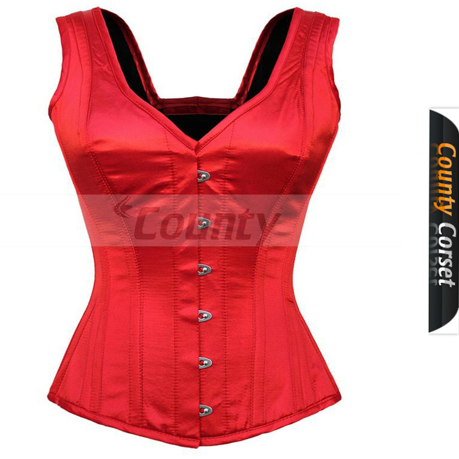 Primary image for Full Steel Boned Spiral Over bust Strap Halter Bustier Gothic Red Satin Corset