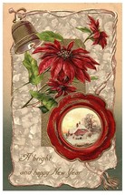 Vintage Embossed Happy New Year Postcard Winter Scene Poinsettias Postcard - £7.87 GBP