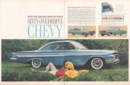 1961 Chevy Impala Biscayne 6 2 Page Vintage Print Ad Picnic Field Yellow Dress - £8.30 GBP