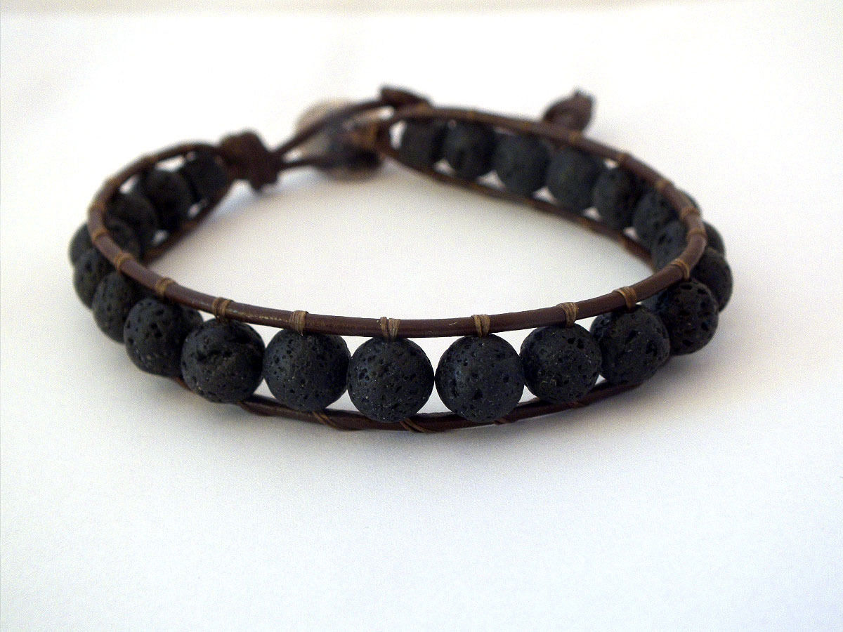 Mens Unisex Beaded Leather Single Wrap Bracelet with Black Lava, gifts for dad - $12.00