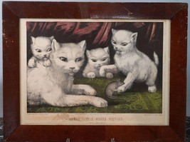 c1890 Currier and Ives Cats Hand Colored Lithograph &quot;Three Little White Kitties&quot; - £182.94 GBP