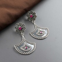 925 Sterling Silver Flower Fan design Ruby Oxidized Women Dangle Earrings - £53.43 GBP