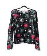 Jennimax VTG Christmas Blouse L Button Sheer Tree Snowflake Poinsettia S... - $31.54