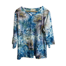 Blue Mood Womens Blouse Size 1X 3/4 Sleeve Blue Floral Peacock V Neck Top - £16.19 GBP