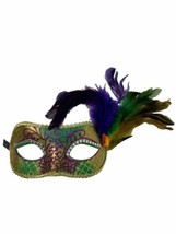 Small Purple Green Gold Feather Crystal Eyes Mardi Gras Masquerade Mask - £11.86 GBP