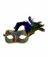 Small Purple Green Gold Feather Crystal Eyes Mardi Gras Masquerade Mask - £11.60 GBP