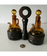 Vintage Amber Glass Cruet Set Oil Vinegar On Wood Stand Base - $26.22 CAD