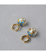 Blue Enamel Flower Simulated Pearl Huggie Hoop Earrings, 18K Gold Plated Brass - $17.99