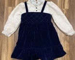 Vintage Sears Girls Long Sleeve Dress Attached Navy Blue Velvet Pinafore... - $15.19