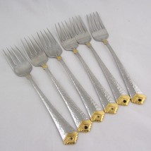 6 Salad Forks Oneida TESORO Gold Black Hammered Pierced Stainless Flatware READ - £18.90 GBP