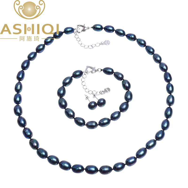 Genuine Natural Pearl Jewelry sets,7-8Black Freshwater Pearl Necklace Bracelet E - £40.59 GBP