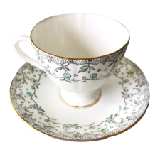 English Castle Bone China Coffee Teacup &amp; Saucer Blue Silver Floral Gold Trim - £19.39 GBP