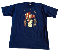 Vintage 90s Liberty Bear Flag Screen Stars Graphic T-Shirt Single Stitch Blue XL - £19.96 GBP