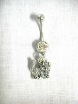 Hairy Kitty Cat W Bowtie Charm On 14g Dazzling Clear Cz Barbell Belly Ring - $5.99