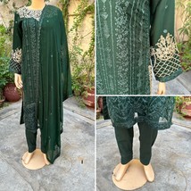 Pakistani Dark Green 3Pcs Fancy  Chiffon Dress with embroidery &amp; Squins ... - $103.95