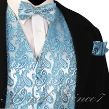 Turquoise XS to 6XL Paisley Tuxedo Suit Dress Vest Waistcoat &amp; Bow tie H... - £19.74 GBP+