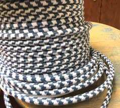 Slate Blue and White Cloth Covered 3-Wire Round Cord, Houndstooth Cotton Pattern - £1.27 GBP