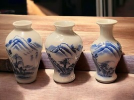 Hand Painted Mini Chinese Blue White Porcelain Vase Jar Set Of 3 Vtg Scenary 4&quot; - £41.21 GBP