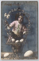 RPPC Easter Greetings Cute Girl Large Basket and Eggs Postcard J30 - $7.95