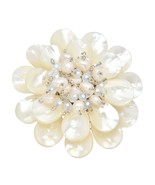 Elegant Blooming White Shell, Pearl &amp; Crystal Flower Brooch Pin - £28.15 GBP