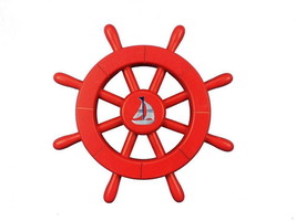 [Pack Of 2] Red Decorative Ship Wheel With Sailboat 12&quot;&quot; - £35.89 GBP