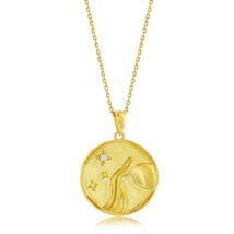 Silver &#39;AQUARIUS&#39; CZ Zodiac Circle Pendant w/Chain - Gold Plated - £56.19 GBP