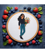 A girl in jeans and with flowers - Cross-stitch pattern, Instant download - $5.00