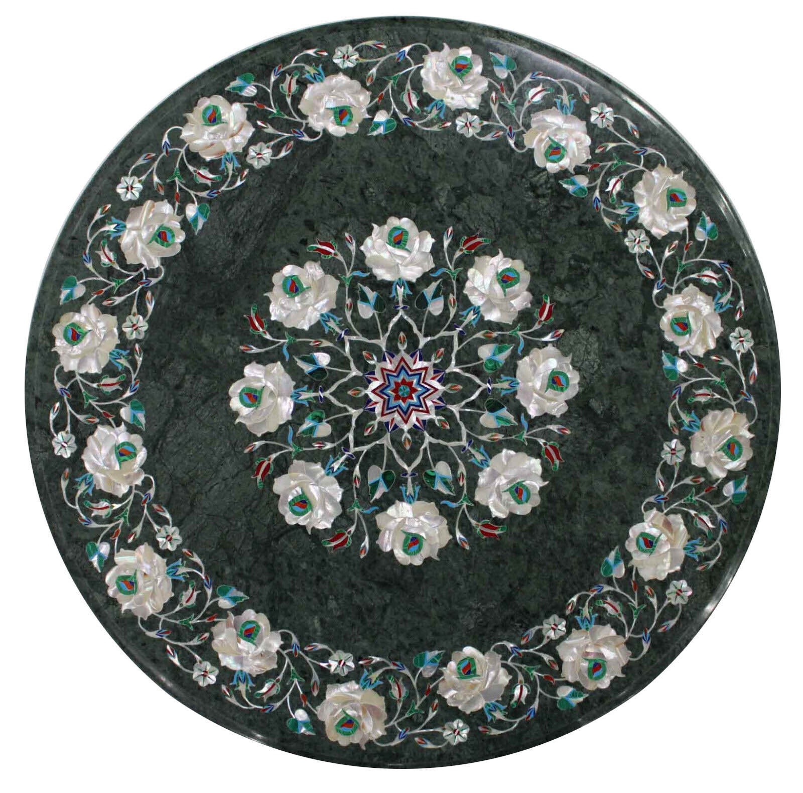 Round Green Marble Coffee Table MOP Precious Inlay Stone Floral Marquetr... - $288.29+