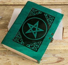 Green Leather Embossed Pentagram Journal w/ Latch ~ 200 5"x7" 'Vellum' Pages - $21.04