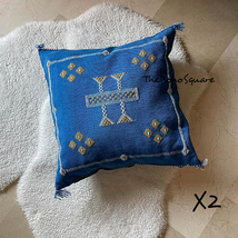 Set Of 2 Handmade &amp; Hand-Stitched Moroccan Sabra Cactus Pillow Cushion, Blue - £95.91 GBP