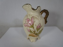 Vintage Miniature Pink Flower Footed Pitcher Vase Matte Painted - $19.79