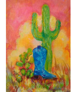 Blue Boot Saguaro Original Acrylic Painting by Lynn Cahill - $25.00