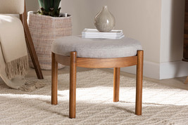 Geneva Japandi Greyish Beige Fabric and Walnut Brown Ottoman Footstool - $1,895.87 MXN