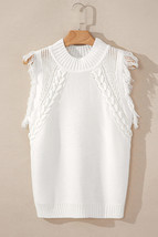 White Woven Tasseled Sleeveless Mock Neck Sweater Vest - £27.77 GBP