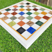 18" White Marble Chess Table Top Handmade Chess Board Semi Precious Inla... - $580.74