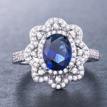 14k White Gold Plated 2.50CT Oval Cut Lab-Created Blue Sapphire Floral Halo Ring - £65.00 GBP