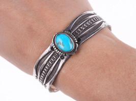 6.5&quot; Native American Heavy stamped sterling and turquoise cuff bracelet - $301.46