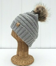 Winter Warm Gray Knit Stretch Beanie Hat with Silver foiled faux fur Pom... - £6.43 GBP