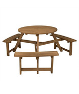 6-person Round Wooden Picnic Table with Umbrella Hole and 3 Built-in Ben... - £187.16 GBP