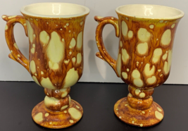 Lot Of 2 Brown Drip Glaze Irish Coffee Mugs Pedestal Footed Cup 1970&#39;s Era - £15.73 GBP