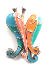 Vintage Enamel Butterfly Pin Teal Orange Turquoise Silver Tone Colorful ... - $14.99