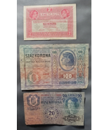 Set of 3  Hungarian Koronas from 1912-1917 Osztrak Magyar Banknote - £7.49 GBP