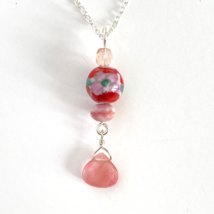 Red Floral Bead Pink Accents Glass Swarovski Crystals Pendant Necklace 16”-18” - £15.94 GBP