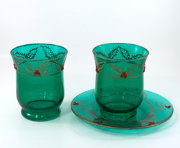Christmas 2 Glasses &amp; 1 Saucer Emerald Green Hand Painted Gold Trim Red ... - $10.99